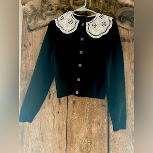 English factory knit black cardigan sweater with beautiful sweet lace collar.